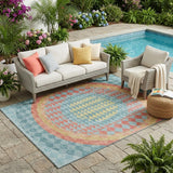 5' X 8' Teal Blue And Granite Gray Geometric Washable Indoor Outdoor Area Rug