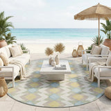8' Ivory And Saffron Round Geometric Washable Indoor Outdoor Area Rug