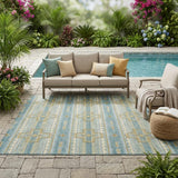 5' X 8' Teal Blue And Gold Tribal Washable Indoor Outdoor Area Rug
