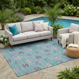 5' X 8' Teal Blue And Gray Geometric Washable Indoor Outdoor Area Rug