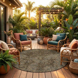 8' Chocolate And Gray Round Geometric Washable Indoor Outdoor Area Rug