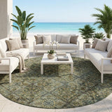 8' Olive Green And Graphite Round Geometric Washable Indoor Outdoor Area Rug