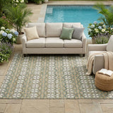 5' X 8' Green And Cream Striped Washable Indoor Outdoor Area Rug