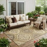 5' X 8' Gold And Khaki Ogee Washable Indoor Outdoor Area Rug