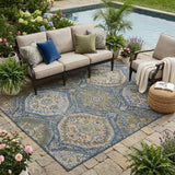 5' X 8' Navy Blue And Linen Ogee Washable Indoor Outdoor Area Rug