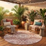 8' Pink And Green Round Ogee Washable Indoor Outdoor Area Rug