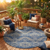 8' Navy Blue And Pink Round Tribal Washable Indoor Outdoor Area Rug