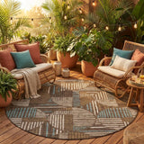8' Coffee And Graphite Round Geometric Washable Indoor Outdoor Area Rug