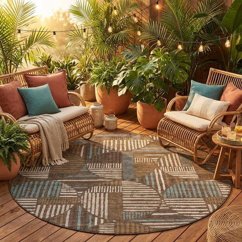 8' Coffee And Graphite Round Geometric Washable Indoor Outdoor Area Rug