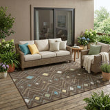 5' X 8' Chocolate And Orange Geometric Washable Indoor Outdoor Area Rug