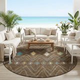 8' Chocolate And Orange Round Geometric Washable Indoor Outdoor Area Rug