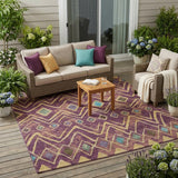 5' X 8' Eggplant And Blue Geometric Washable Indoor Outdoor Area Rug