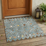 3' X 5' Teal Blue And Silver Geometric Washable Indoor Outdoor Area Rug