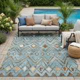 5' X 8' Teal Blue And Silver Geometric Washable Indoor Outdoor Area Rug