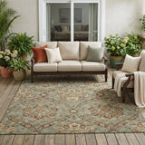 5' X 8' Green And Linen Floral Washable Indoor Outdoor Area Rug