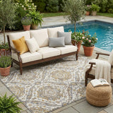 5' X 8' Beige And Blue Floral Washable Indoor Outdoor Area Rug