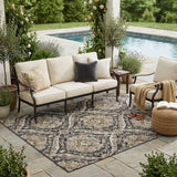 5' X 8' Black And Blue Floral Washable Indoor Outdoor Area Rug