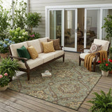 5' X 8' Olive Green And Granite Gray Floral Washable Indoor Outdoor Area Rug