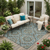 5' X 8' Teal Blue And Blue Floral Washable Indoor Outdoor Area Rug