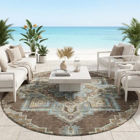 8' Chocolate And Coffee Round Oriental Washable Indoor Outdoor Area Rug