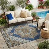 5' X 8' Navy Blue And Linen Oriental Washable Indoor Outdoor Area Rug