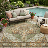 5' X 8' Olive Green And Blue Oriental Washable Indoor Outdoor Area Rug