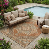 5' X 8' Orange And Aqua Oriental Washable Indoor Outdoor Area Rug