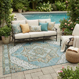 5' X 8' Teal Blue And Graphite Oriental Washable Indoor Outdoor Area Rug