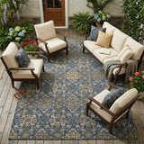 8' X 10' Navy Blue And Silver Oriental Washable Indoor Outdoor Area Rug