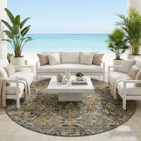 8' Black And Coffee Round Floral Washable Indoor Outdoor Area Rug