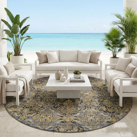 8' Black And Coffee Round Floral Washable Indoor Outdoor Area Rug