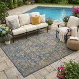 5' X 8' Navy Blue And Blue Floral Washable Indoor Outdoor Area Rug