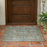 3' X 5' Teal Blue And Blue Floral Washable Indoor Outdoor Area Rug