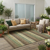 5' X 8' Olive Green And Blue Striped Washable Indoor Outdoor Area Rug