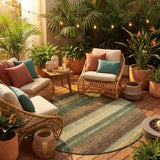 8' Olive Green And Blue Round Striped Washable Indoor Outdoor Area Rug