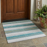 3' X 5' Teal Blue And Gray Striped Washable Indoor Outdoor Area Rug