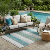 5' X 8' Teal Blue And Gray Striped Washable Indoor Outdoor Area Rug