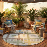 8' Ivory And Linen Round Geometric Washable Indoor Outdoor Area Rug