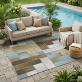 5' X 8' Teal Blue And Gold Geometric Washable Indoor Outdoor Area Rug