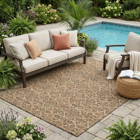 5' X 8' Copper And Green Oriental Washable Indoor Outdoor Area Rug