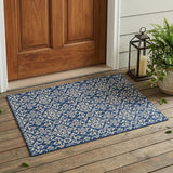 3' X 5' Navy Blue And Silver Oriental Washable Indoor Outdoor Area Rug