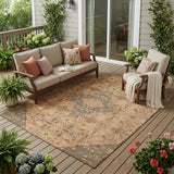 5' X 8' Copper And Blue Medallion Washable Indoor Outdoor Area Rug