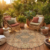 8' Copper And Blue Round Medallion Washable Indoor Outdoor Area Rug