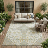 5' X 8' Ivory And Green Medallion Washable Indoor Outdoor Area Rug