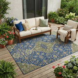 5' X 8' Navy Blue And Pewter Medallion Washable Indoor Outdoor Area Rug