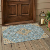 3' X 5' Teal Blue And Graphite Medallion Washable Indoor Outdoor Area Rug