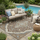5' X 8' Brown And Beige Medallion Washable Indoor Outdoor Area Rug
