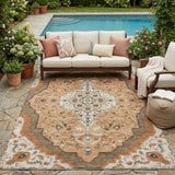 5' X 8' Copper And Blue Medallion Washable Indoor Outdoor Area Rug