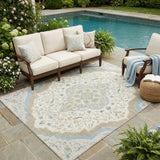 5' X 8' Ivory And Taupe Medallion Washable Indoor Outdoor Area Rug