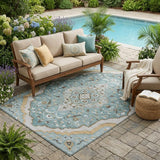 5' X 8' Teal Blue And Brown Medallion Washable Indoor Outdoor Area Rug